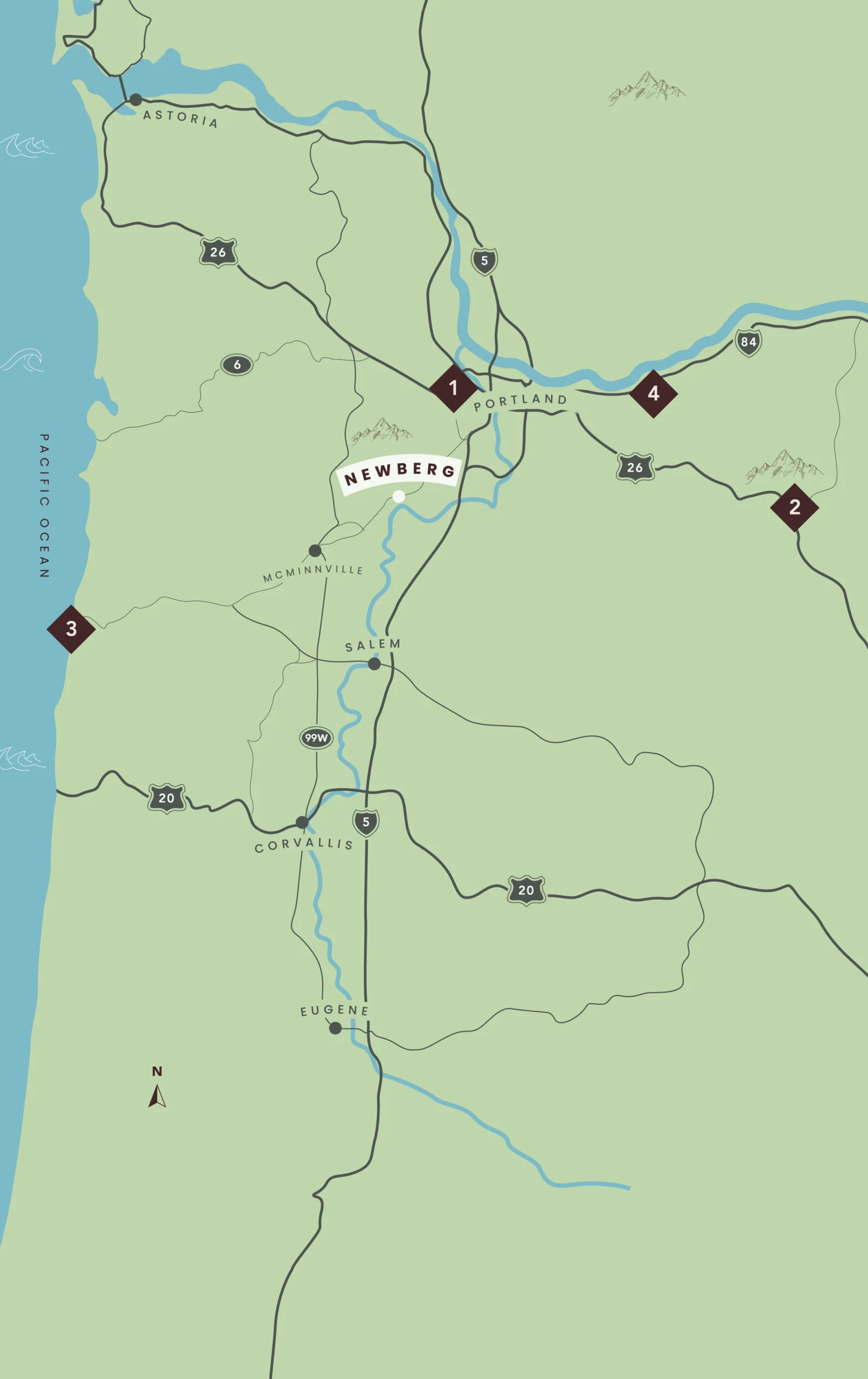 A stylized map of Oregon highlighting routes and locations around Portland, Newberg, the coast, and surrounding areas.