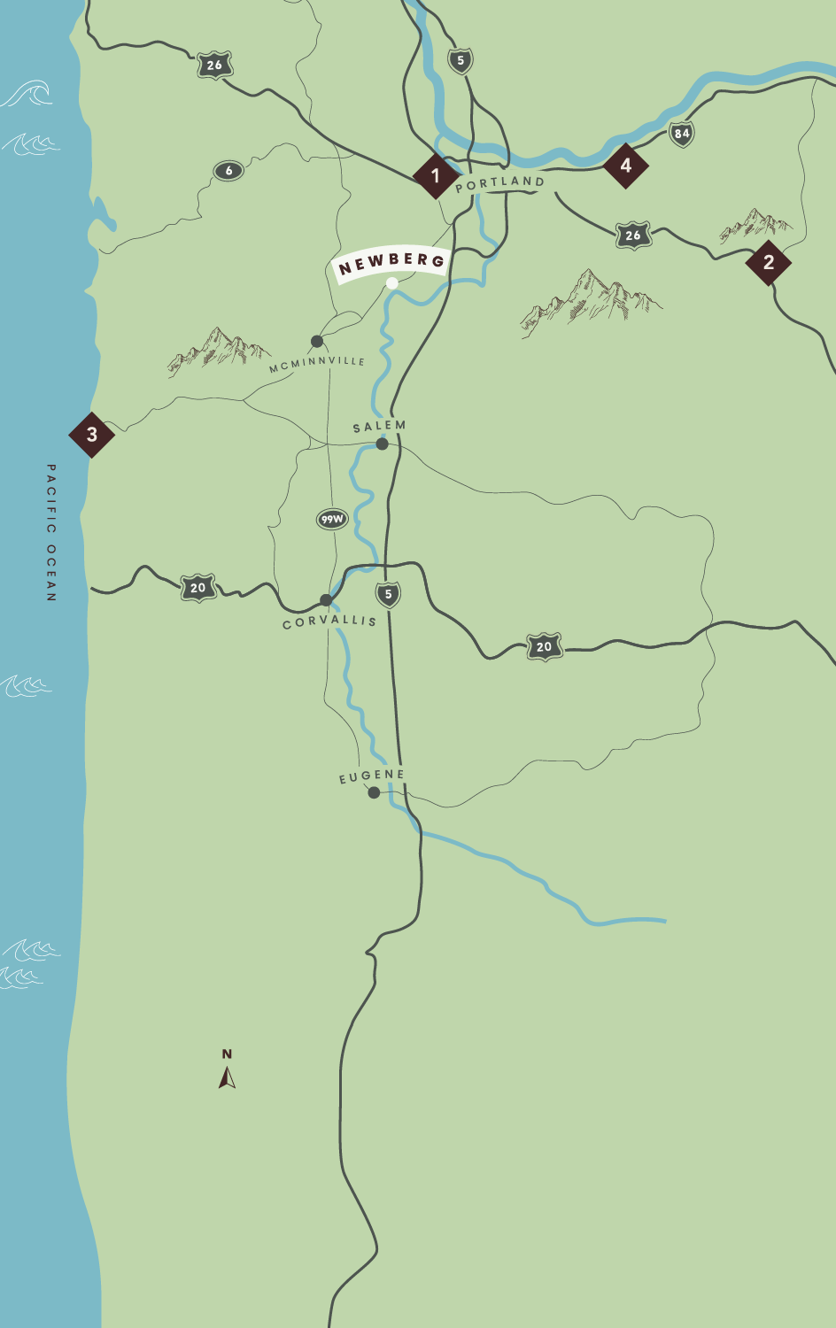 A stylized map of Oregon highlighting routes and locations around Portland, Newberg, the coast, and surrounding areas.