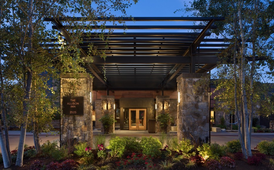 View of the front entrance of the Allison Inn at evening time