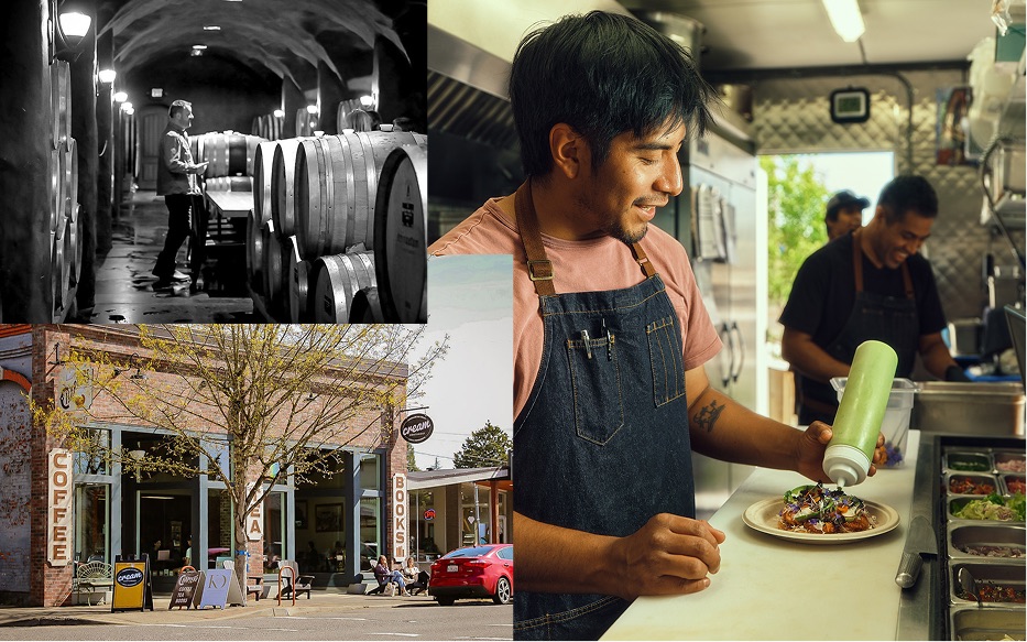 Collage of a person admiring wine barrels, a scene of downtown Newberg, and a person preparing food in a food truck
