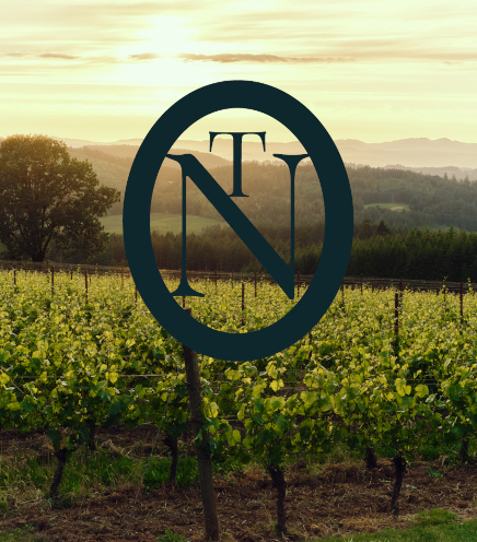 View of a wine country vineyard with mountain background and Taste Newberg logo in the foreground