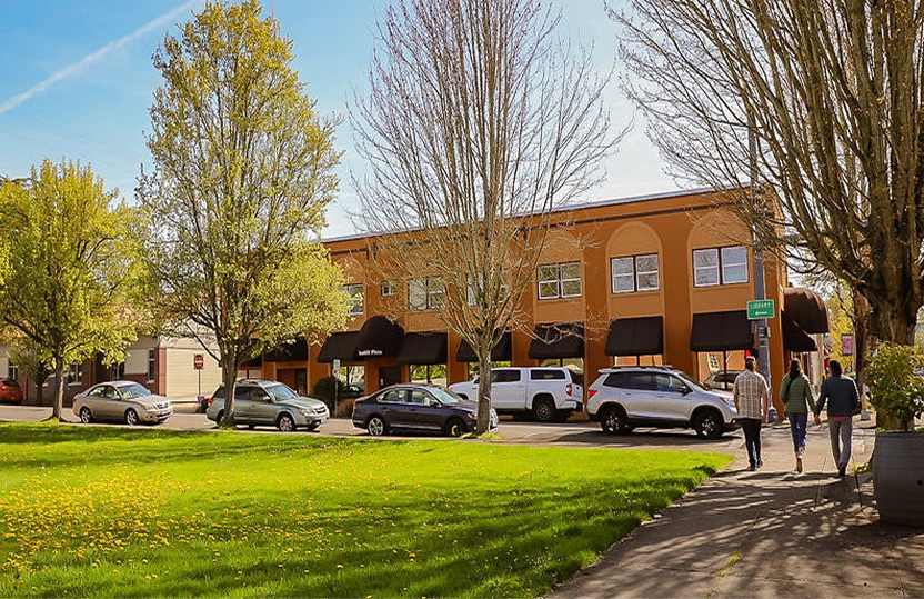 Outside view of Yamhill Flats building in downtown Newberg